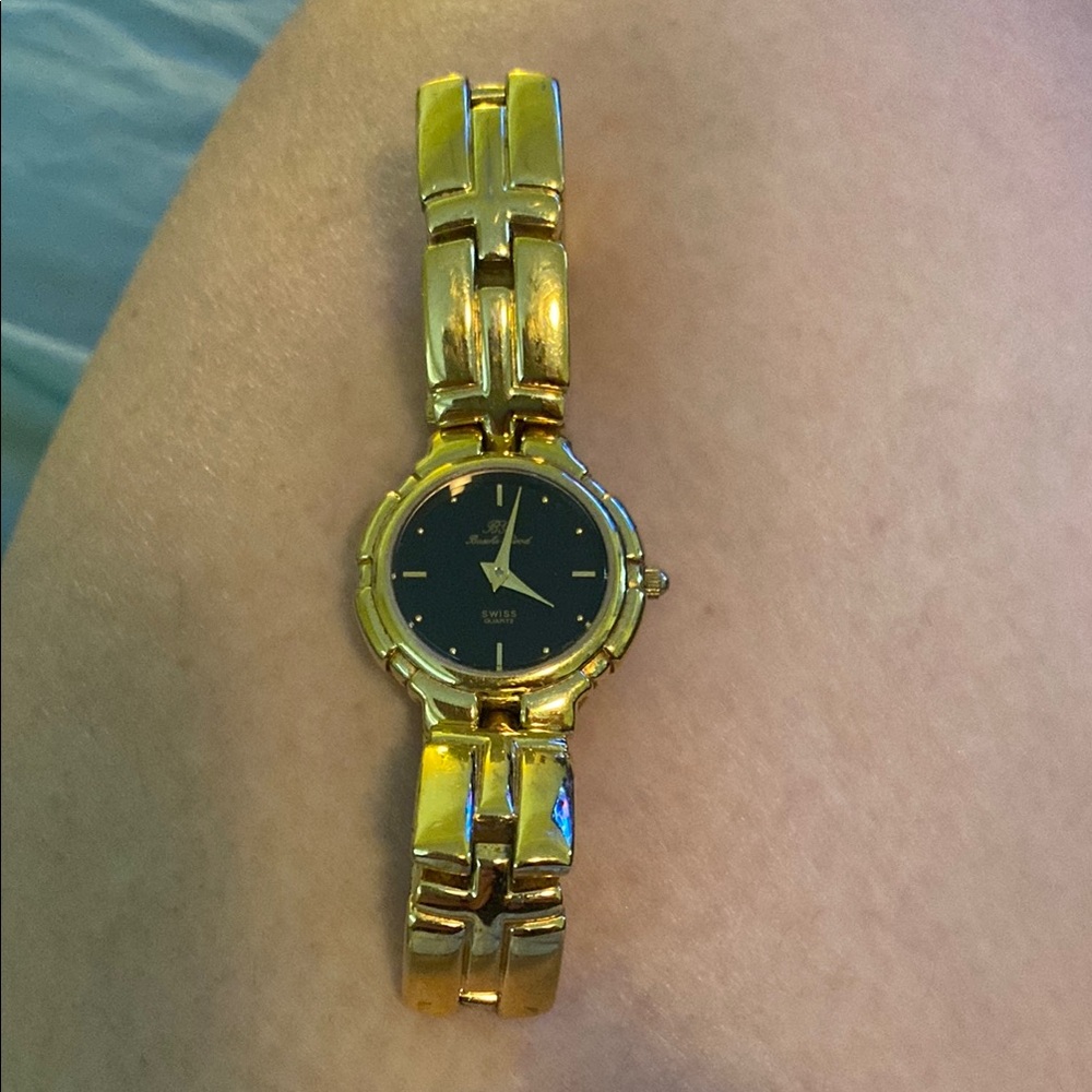Gold Tone Watch Bracelet with Black Dial